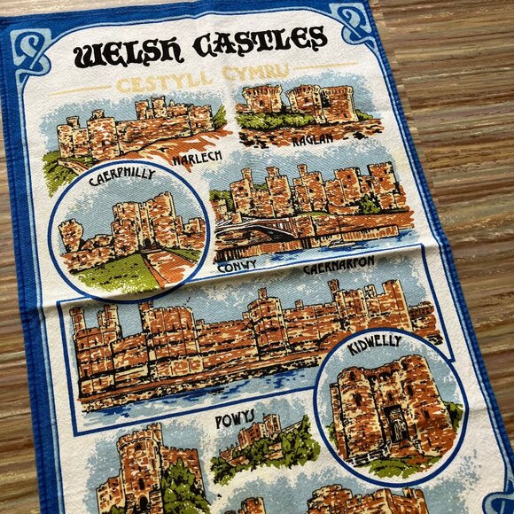 Welsh Castles Wales Cotton Kitchen Towel Souvenir Dish Cloth Vintage 16.5x25" - Picture 2 of 3